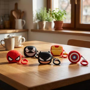 May include: A selection of brightly coloured protective cases for wireless earbuds, featuring comic book character designs. The cases include designs for Spider-Man, Venom, Batman, Iron Man, and Captain America. Each case has a matching red or black ring.