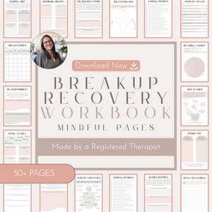 Puede incluir: Un cuaderno de ejercicios digital para la recuperación tras una ruptura con más de 50 páginas en tonos rosa suave y blanco. La portada muestra el texto Breakup Recovery Workbook Mindful Pages Made by a Registered Therapist y una foto circular.