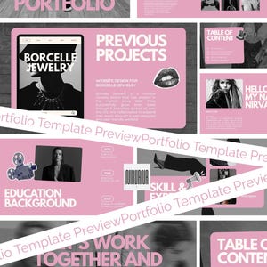 May include: A creative portfolio template in pink and grey. Text includes "Creative Portfolio", "Previous Projects", and "Borcelle Jewelry". The design incorporates images and a table of contents. The template is for website design.