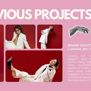 May include: A promotional image for Larana, Inc. Fashion, featuring a pink background with the text "PREVIOUS PROJECTS" and "BRAND IDENTITY FOR LARANA, INC. FASHION." The image includes four photos of a person wearing a white suit.