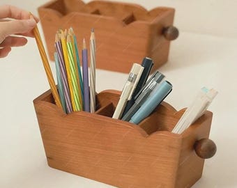 Wooden Marker Storage Box, Kids Colored Pencil Organizer, Wood Desktop Organizer