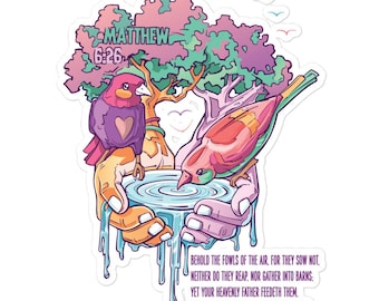 Pegatina con versículo bíblico de Mateo 6:26, Aves del aire, sin burbujas