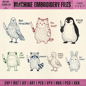 Könnte beinhalten: Maschinenstickdateien mit sechs Cartoon-Tieren, die jeweils ein Messer halten. Die Tiere sind ein Vogel, eine Katze, ein Pinguin, ein Frosch, ein Waschbär und eine Ente. Text: "Any Problems?", "You Good?", "Excuse Me?", "Say That Again?", "Problem?", "Wanna Repeat That?", und "Any Issues?"