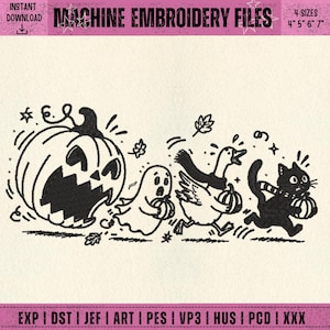 May include: Machine embroidery design featuring a black line art illustration of a large jack-o'-lantern, a ghost, a goose wearing a scarf, and a black cat, all holding pumpkins. The text reads "MACHINE EMBROIDERY FILES" and "4 SIZES 4" 5" 6" 7"."