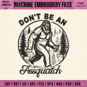 Diseño de bordado "No seas un imbécil", archivo de bordado de Pie Grande, patrón humorístico (descarga digital)