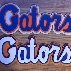 May include: Two layered, die-cut signs spelling "Gators" in a bold, stylized font. The top sign features blue letters with orange and white accents. The bottom sign has white letters with blue and orange accents. The signs are likely for sports fans.