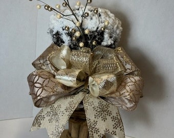 Christmas Tree Topper Snowy Rattan Top Hat with Ivory Champagne Gold & Soft Gold