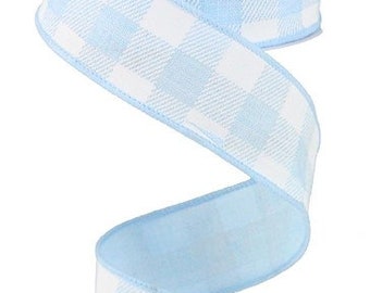 Wired Ribbon Check Baby Blue with White Checks on Royal Burlap Finished in a Baby Blue Satin Stitch Edge 1.5" x 10 Yard RG0179914