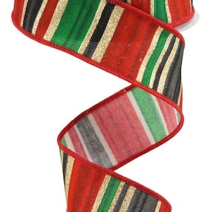 Christmas Watercolor Stripes Wired Burlap Multi Width Stripes with a Red Satin Stitch Edge 1.5&quot; x 10 Yard RGC155627