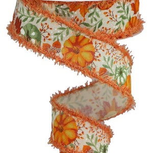 Fall Wired Royal Burlap Ribbon with Pumpkins on a White Background with a Orange drift Edge 1.5&quot; x 10 yards 08588