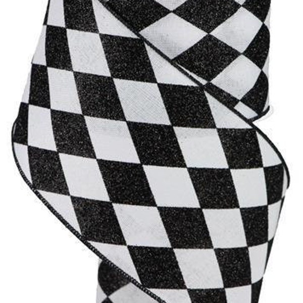 Black and White Glittered Harlequin Check Wired Ribbon Matching Satin Stitch Edge 4" x 10 Yards RGA150027