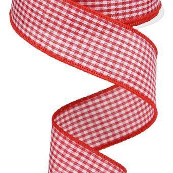 Red with White Tiny Gingham Check Wired Ribbon 1.5" x 10 Yards Red Satin Stitch Edge RGA1094F3