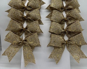 Christmas Tree Natural Burlap with Gold Glittered Swirls Bows/ Set 10 Bows/ Treat Bag Bows/ Holiday Decor Bows/ Christmas Tree Bows