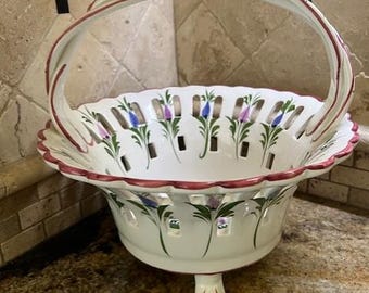 Vintage ceramic handmade hand painted floral reticulated basket from Portugal