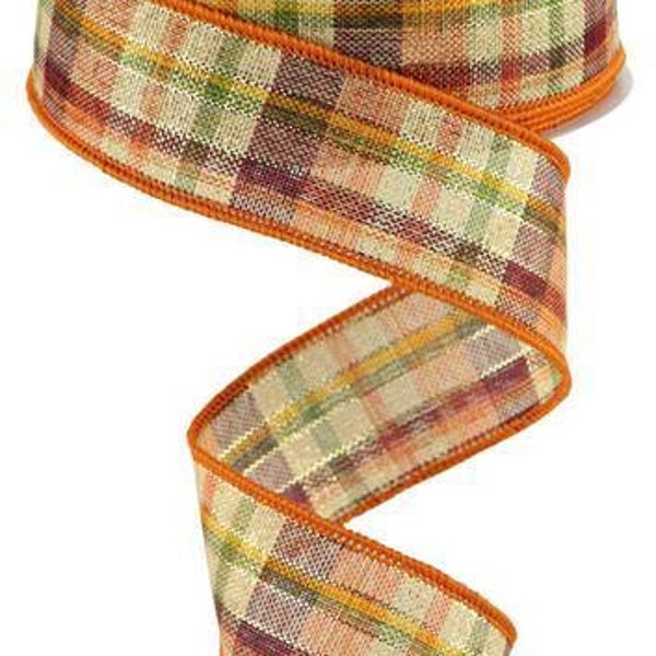 Fall Checkered Plaid Wired Ribbon Metallic Threads 1.5" x 10 Yard Roll Orange Green Rust Cream Gold Colors RGC1666