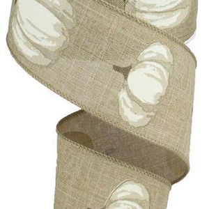 May include: A roll of brown burlap ribbon with a white pumpkin design. The ribbon is 2.5 inches wide and has a wired edge.