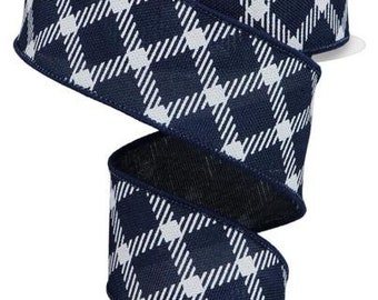 Wired Ribbon Diamond Check Navy Blue and White Checks on Royal Burlap Finished with a Matching Satin Stitch Edge 1.5" x 10 Yard RGE161019