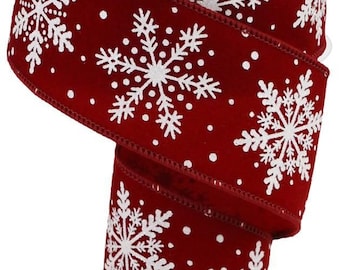 Christmas Cranberry/Red Velvet Background with White Snowflake Wired Ribbon White edge 2.5&quot; x 10 Yd Roll RGA193096