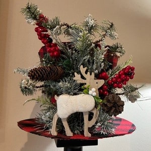 Deer in the Woods buffalo plaid Christmas top hat tree topper