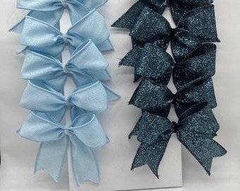 Split decorative baby blue fuzzy burlap bow with half navy shimmer with teal glitter/ Set 10 Bow/ treat bag bow/ Christmas tree or decor bow