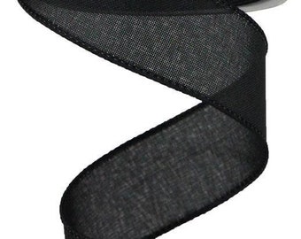 Black Royal Burlap Wired Ribbon Solid 1.5" x 10 Yards Black Satin Stitch Edge RG127802