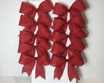 Decorative Red Burlap with Red Tinsel Edge Bows/ Set 10 Bows/ Christmas Tree Bows/ Patriotic Treat Bag Bows/ July 4th Decor Bows/ Valentines
