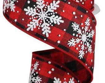 Rouleau de Noël à carreaux rouge et noir de Noël avec flocon de neige pailleté blanc, bord rouge, rouleau de 2,5 po. x 10 vg RG01764A9