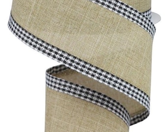 Buff Solid Wired Ribbon Royal Burlap Edged in Black and Tan Gingham Edge 2.5" x 10 Yards RGA1099X4