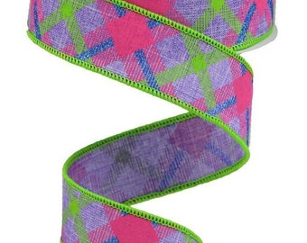 Bright Diagonal Plaid in Fuchsia Lime and purple Wired Royal Burlap Ribbon  1.5" x 10 Yard Roll Edged in Lime Green