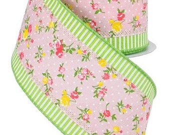 4 Inch Spring-Summer Pink Floral Print Edged in Lime Freen Pin Stripe Wired Royal Burlap Ribbon 4x10 Yd RG881615