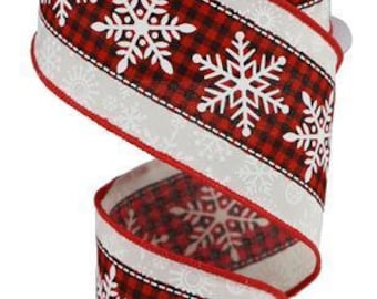 Plaid de Noël rouge et noir à carreaux buffle fond crème avec flocon de neige blanc ruban de toile de jute câblé bord satin rouge 2,5 po. x 10 vg RVB1096C2