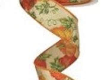 Fall Pumpkins Wired Ribbon: Orange, Moss, Rust, Cream, Gold - 1.5" x 10 Yard Roll