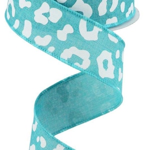 Aqua With White Leopard Print on Wired Royal Burlap Ribbon Finished in a Matching Edge 1.5x10 Yd RGC1403A6