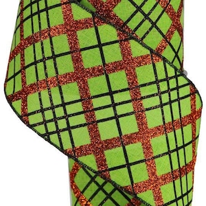 Halloween Wired Ribbon Glittered Orange Black Plaid Pattern 2.5&quot; x 10 yard on Lime Green Royal Burlap Fabric