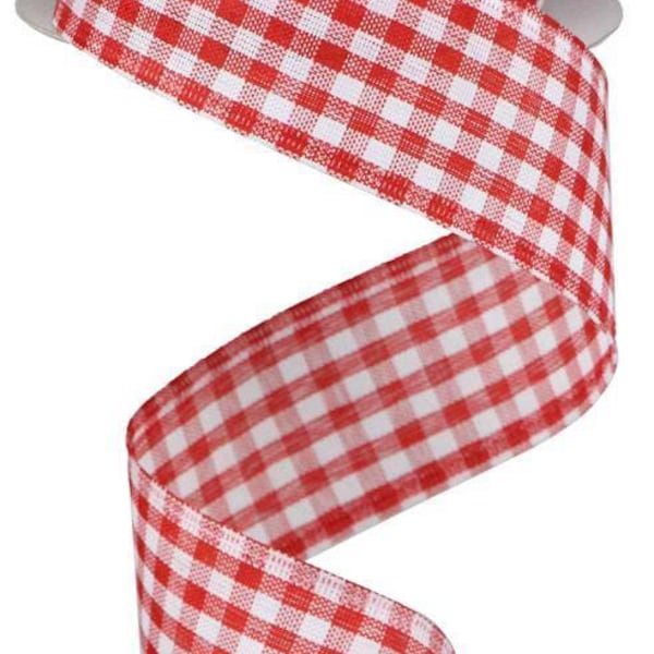 Red and White Gingham  Check Wired Ribbon  1.5" x 10 Yards Folded Edge RG01048F3