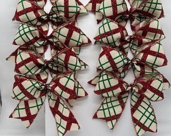 Christmas Glittered Diagonal Plaid Tree Bows Red Green Off- White Set 10 Bows/ Christmas Treat Bag Bows/ Christmas Tree Bows