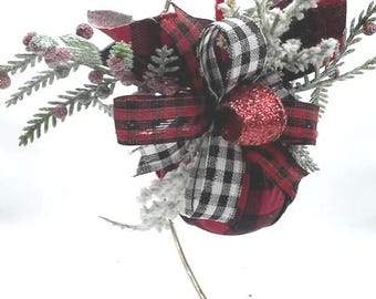 Christmas Buffalo print fabric on a 100MM Ball Ornament Adorned a Variety of Ribbons and greenery  Handmade Ornament No2