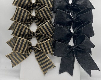 Split Black and Gold Glittered Stripe and black shimmer set of 10 Bows/ Treat Bag Bows/ Christmas Tree Bows/Christmas Decor/Craft Bow Set 10