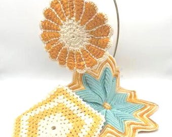 Vintage Kitchen 1940s Hand Crocheted Potholders Set of 3 Yellow Teal White