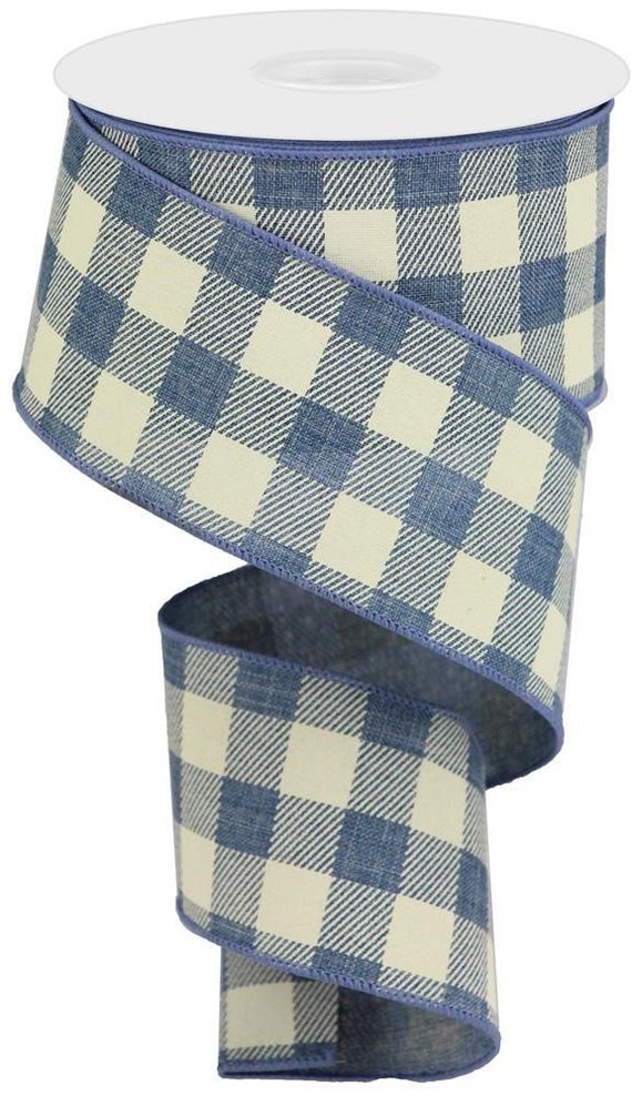 Wired Ribbon Royal Burlap 2.5" x 10 Yards Denim and Ivory Check with Denim Satin Stitch Edge RG018008K
