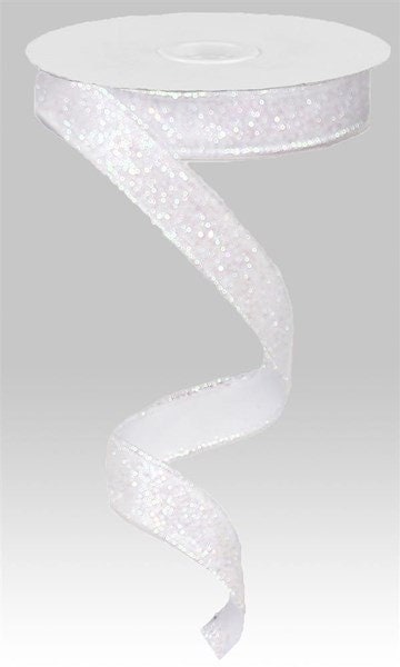 Wired Ribbon * Glitter On Fabric * Iridescent White * 1.5 x 10 Yards  Canvas * RJ4031