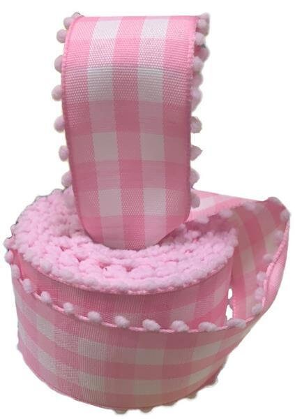 Pink and White Gingham Check Wired Ribbon 1.5" x 10 Yards with Pink Pom Pom Edge RN585822