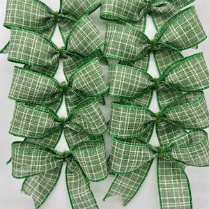 Decorative Spring or Summer Fern Green White Line Check Bows/ Set 10 Bows/ Treat Bag Bows/ Wreath Decor Bows/ Craft Bow Set 10