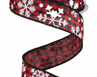 Red and Black Buffalo Plaid Snowflakes Royal Burlap Wired ribbon Roll 1.5&quot; x 10 Yards RGA1400M