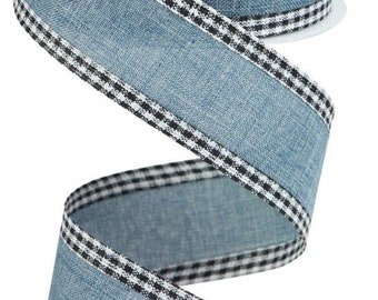 Denim Blue Solid Wired Ribbon Royal Burlap Edged in White and Black Gingham Edge 1.5" x 10 Yards RGA10988K