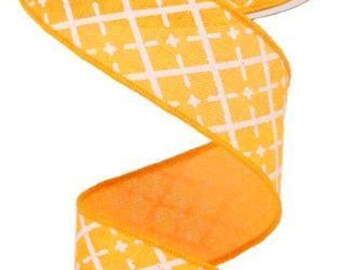 Colore melone arancione brillante con stampa a cestello argyle glitterato bianco su nastro di tela cablata rifinito in un bordo corrispondente 1,5x10 Yd RG0190120