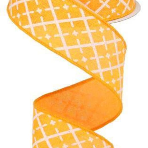 Bright Orange Melon Color with White Glittered Argyle Basket Print on Wired Burlap Ribbon Finished in a Matching Edge 1.5x10 Yd RG0190120