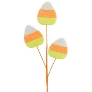 May include: Three white, orange and yellow candy corn shaped felt ornaments on a brown wire stem.