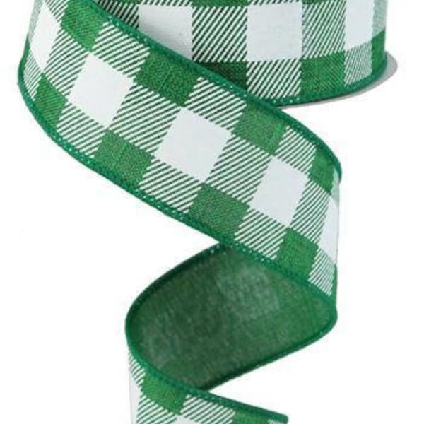 Wired Ribbon Check Emerald Green with White Checks on Royal Burlap Finished in a Green Satin Stitch Edge 1.5" x 10 Yard RG0179906