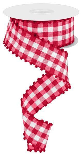 Red and White Gingham Check Wired Ribbon 1.5 X 10 Yards With Red Pom Pom  Edge RN585849 